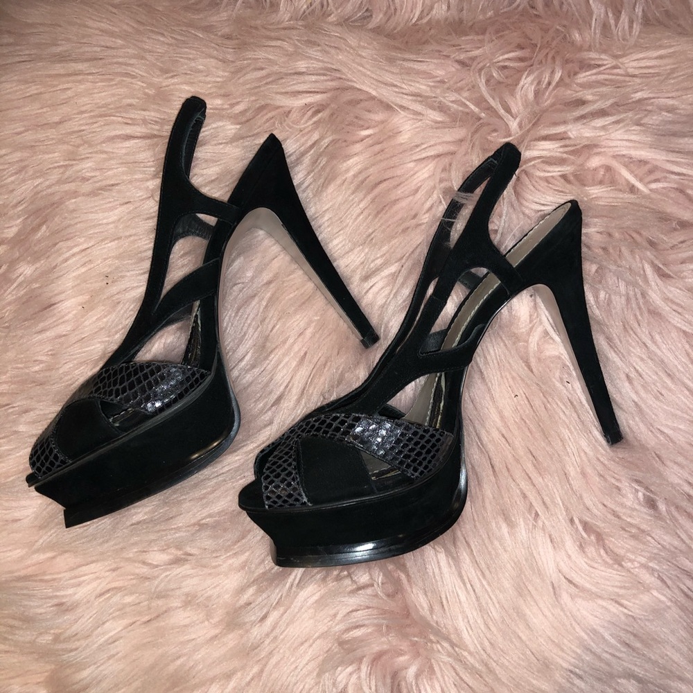 Black suade snakeskin like 4.5” Bebe sandal heels